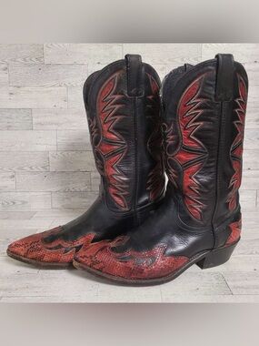 Men's Code West Red Snakeskin Inlay Wingtip Black Leather Cowboy Boots Size 9.5